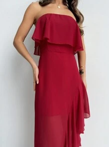 SHEIN Privé Summer Plus Size Elegant Women Flamenco Dress With Strapless Ruffle High Slit, Perfect For Dating, Party, Wedding, Asymmetrical Red Mesh Dress, Wedding Guest Dress - Red - View 7