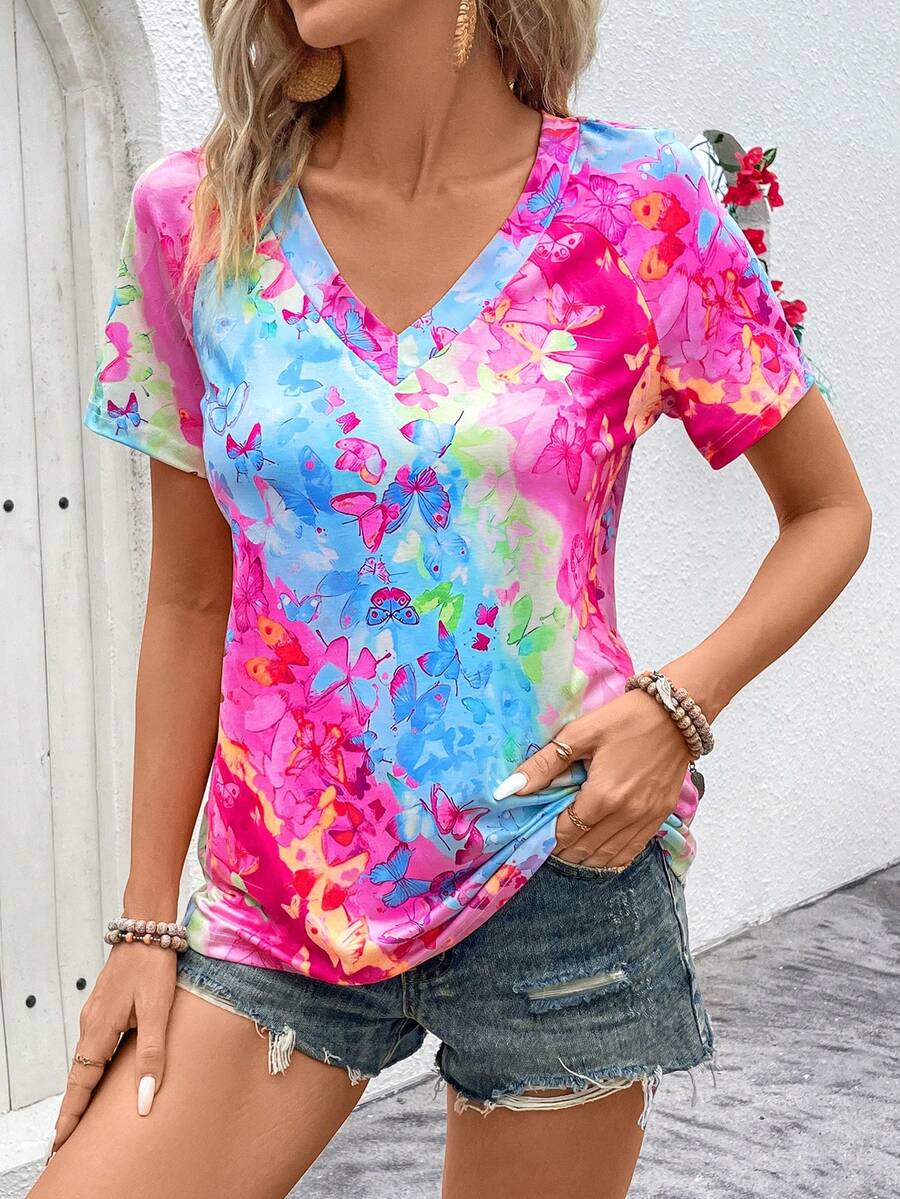 LONESS 女士夏季蝴蝶印花V領短袖休閒T恤 - 玫紅色 - 查看 1