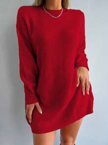 EURMUSE Solid Drop Shoulder Sweater Dress Without Belt - Burgundy - View 4