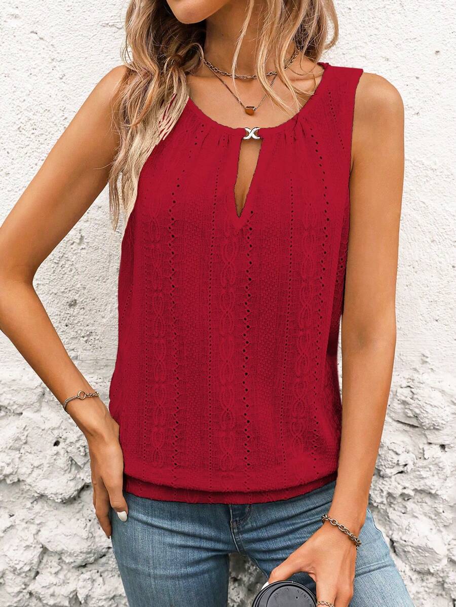 INAWLY Áo ba lỗ thông thường màu trơn thêu khoét cổ chữ V mùa hè dành cho nữ - Màu Đỏ Sâu - Xem 1