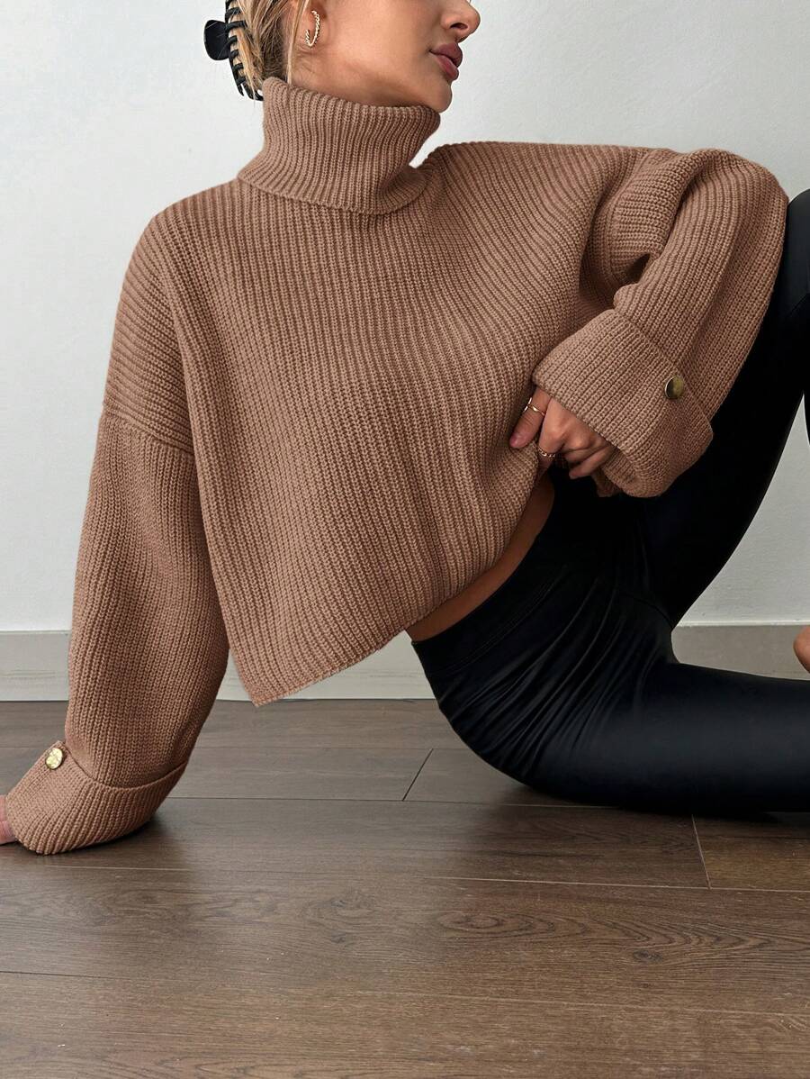 EURMUSE 純色高領肋針編織寬鬆毛衣