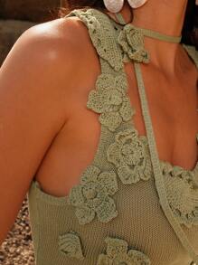 Anewsta Vintage Elegant Handmade Crochet 3D Flower Texture Knitted Bodycon Dress For Summer Beach Vacation - Green - View 2