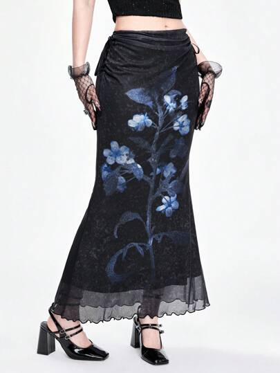 Goth Dark Gothic Mysterious Plant & Herbs Printed Mermaid Fishnet Skirt