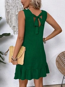 Breezaya Summer Solid Color Ruffle Hem Tank Dress With Round Neck Vacation Beach Outfits Women