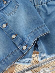 SHEIN Conjunto de 3 peças Colete de Denim sem Mangas, Camiseta sem Mangas com Gola Redonda, Shorts de Denim com Barra Desfiada e Perna Larga - Baby Azul - Ver 7