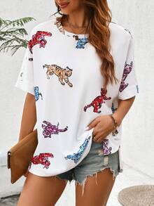 SHEIN LUNE 女士休闲豹纹短袖T恤，春夏款，家庭装 - 彩色 - 查看 4