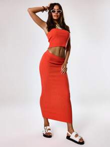 MUSERA Summer Fashion Solid Color Slim Fit Cropped Bandeau Knit Top Holiday - Coral Orange - View 4