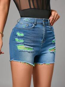 SHEIN SXY Ladies Sexy Ripped Stretch Denim Shorts With Colorful Fabric Belt, Pocket Details And Button Closure - Multicolor - View 3