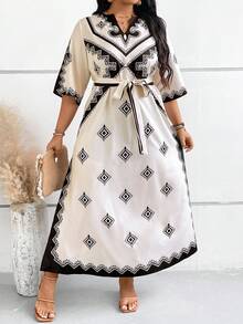 Breezaya Plus Size Women's Fashion Geometric Printed Dress - Apricot - View 6