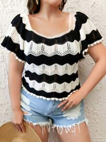 RueChic Women Crochet Knit Top With  Half Sleeve - Black and White - View 1