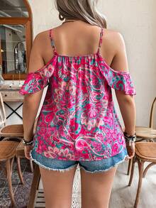 SHEIN Holidaya 大尺碼女士露肩花卉印花休閒度假衫 - 玫紅色 - 查看 2