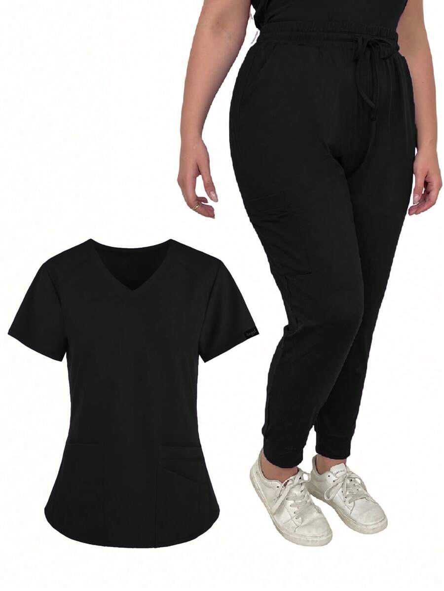 SHEIN LUNE Plus Size Solid Color Short Sleeve Top And Pants Medical Uniform 2pcs/Set - Black - View 1