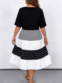 SHEIN LUNE Plus Size Women's Casual Summer Casual Dress With Striped, Polka Dot, And Printed Patchwork Design Half Sleeves Round Neckline Maxi Women Outfit - Black and White - View 2