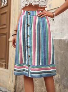 Breezaya 女式假日休閒條紋拼色鈕扣前開裙 - 彩色 - 查看 3