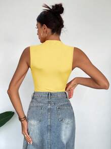 SHEIN Essnce Women'S Summer Casual  Stand Collar Pleated Sleeveless Bodysuit - Yellow - View 2