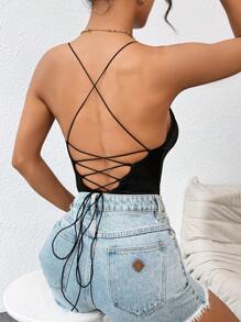 SHEIN PETITE 黑色實心系帶無背針織連體背心 - 黑色 - 查看 1
