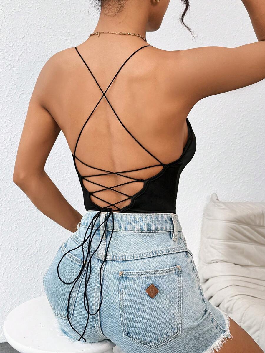 SHEIN PETITE 黑色實心系帶無背針織連體背心 - 黑色 - 查看 1