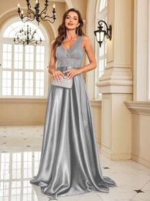 BluePlum 高品质女士修身V领无袖亮片撞色正式晚礼服，优雅奢华的鸡尾酒会礼服，适合母亲节、婚礼宾客等场合，春季皆宜。 - 灰色 - 查看 7