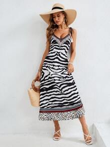 SHEIN VCAY Women's Printed Jacquard Spaghetti Strap Vacation Dress For Summer - Black and White - View 3