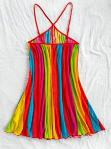 Soleia Vestido veraniego casual y suelto con línea A, plisado, minifalda y rayas de colores para mujer