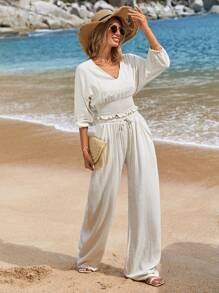 EURMUSE Smock Top Detailed Linen Co-Ord - Beige - View 4