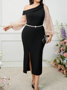 Modelyn Plus Size Open Shoulder Lantern Sleeve Slit Party Dress - Multicolor - View 4