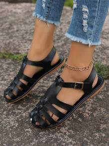 Sandalias planas romanas para mujer, pantuflas transpirables y de moda, atuendos de playa, atuendos de verano - Negro - Ver 6