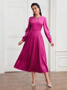 MOTF PREMIUM KEYHOLE NECK RHINESTONE DETAIL LANTERN SLEEVE PLEATED HEM DRESS - Hot Pink - View 6