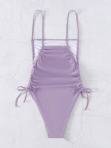 SHEIN Swim 女士纯色简约日常连体吊带背心夏季 - 淡紫色 - 查看 2