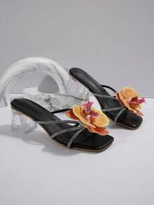 2024 新款欧美风格海滩旅游花卉装饰女士高跟凉鞋，夏季外套 - 黑色 - 查看 4