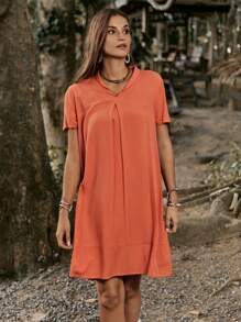 SHEIN LUNE Ladies' Solid Color Pleated Simple Summer Short Sleeve Dress