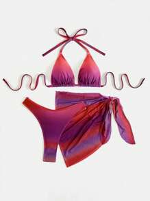 SHEIN Swim Curve Conjunto de bikini talla grande, estampado aleatorio para la playa de verano