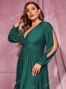 Faeriesty Plus Split Thigh Overlap Collar Bishop Sleeve Slit Thigh Dress