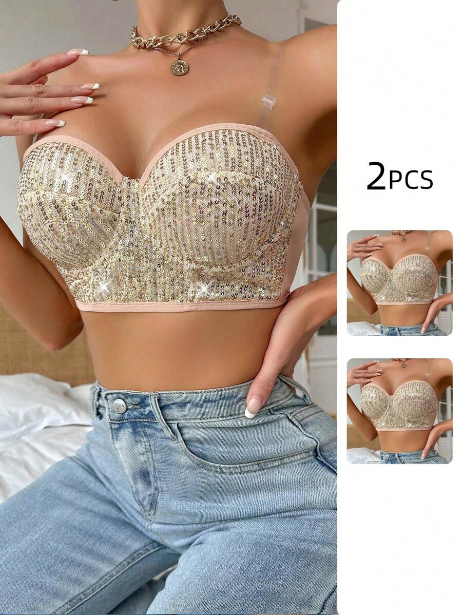 2pcs Women's Sparkling Strapless Bra With Underwire - Multicolor - View 1