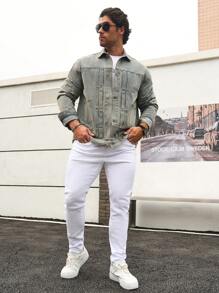 Manfinity Homme Jachetă de blugi casual retro, elegantă, perfectă pentru muncă și petrecere a timpului liber