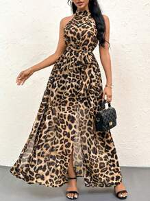 Firerie Vestido elegante de cuello halter con estampado de leopardo y abertura en A para mujer, ideal para vacaciones de verano - Caqui - Ver 1