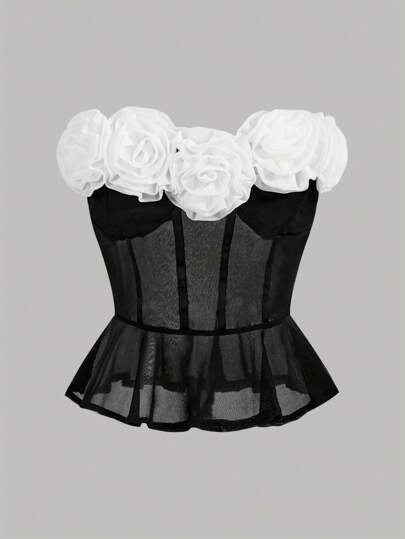 Aloruh Blusa sencilla diaria con bloques de color para mujer y detalles de flores en 3D