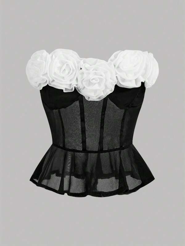 Aloruh Women 3D Flower Embellished Colorblock Simple Daily Top