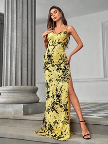 SHEIN Belle Elegant und luxuriöses gelbes Flock Pailletten-Camisole-Top mit hoher Taille, seitlichem Schlitz, rückenfreiem Design und Schwanz, perfekt für Dating, Single-Partys, Abschlusszeiten, Hochzeiten, besondere Anlässe, formelle Abendessen und Galas - Gelb - Übersicht 4