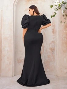SHEIN Belle Plus Size Black Luxury Heavy Crystal Embellished Gorgeous Positioning Hot Rhinestone Pattern Court Style Stereo Pleated Puffy Sleeves Deep V Neck Elegant Mermaid Evening Gowns
