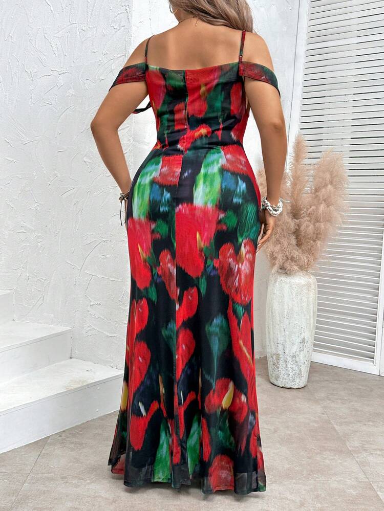 Plus Size Vacation Casual Colorful Floral Printed Cold Shoulder Mermaid Hem Dress