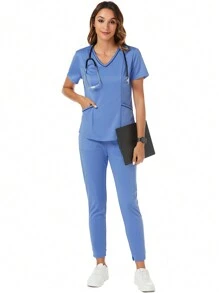 SHEIN TaskFit 女士两件套护士服套装，包括现代 V 领 2 口袋哑光上衣和 2 口袋松紧腰终极瑜伽运动裤哑光套装 - 藍色 - 查看 2
