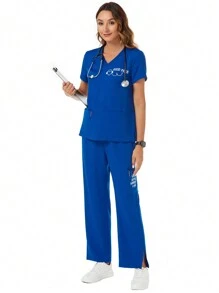 TaskEZ 印花字母短袖上衣，帶口袋和分叉褲腳，統一套裝，純色