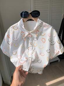 Comfortcana Camisa estampada de hombro caído con diseño integral para atuendo de verano