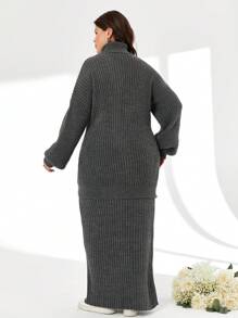 RueChic Plus Size High Neck Drop Shoulder Sleeve Sweater And Knitted Skirt Two-Piece Set, For Winter - Grey - View 2