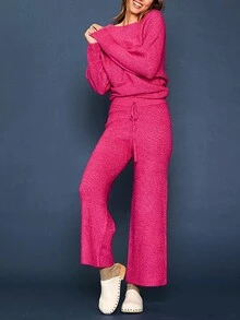 New Women's Solid Color Boat Neck Knitted Sweater And Pants Two Pieces Set - Pink - View 4