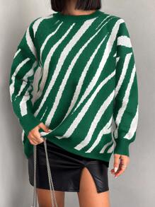 SHEIN Cottnline Round Neck Drop Shoulder Sweater - Green - View 4