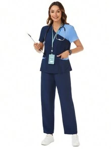 TaskEZ Conjunto de uniforme de enfermera azul marino y azul con diseño de patchwork, que incluye blusa con 2 bolsillos y textura de contraste y pantalones con 2 bolsillos y cintura elástica con textura