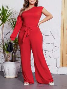 Plus Size Sexy One Shoulder Wide Leg Jumpsuit With Strap - Red - View 6