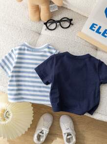 SHEIN Newborn Baby Boy/Girl Colorful Striped Round Neck Short Sleeve Pullover, Solid Color T-Shirt Set Of 2